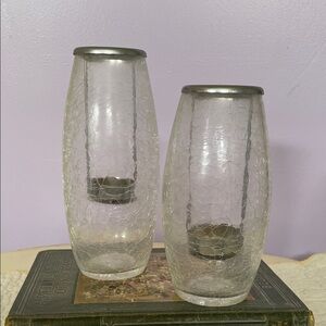 Elegant Silver Rimmed crackled Glass tea light candle holders like new